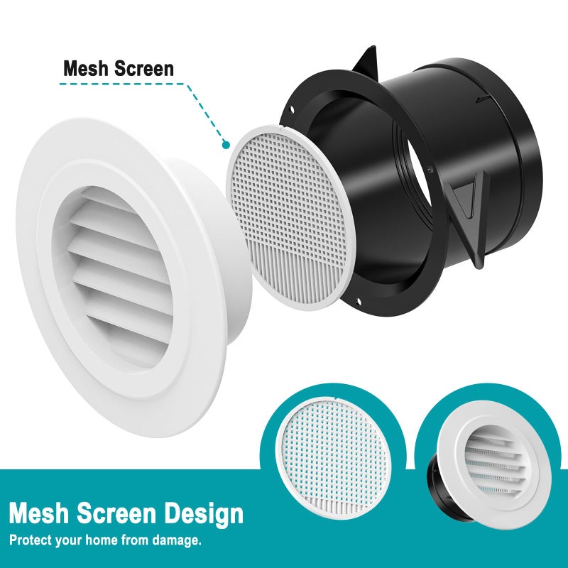 HG Power Soffit Vents 4 inch, Round Vent Cover with Built-in Screen Mesh, ABS Louver 4â€ Exhaust Vent for Exhaust Fan, HVAC Ducting, Bathroom, Kitchen, Garage Use, 100mm, White - Image 2